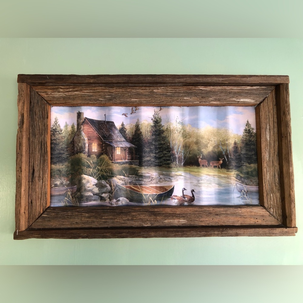 Vtg Cabin Deer In Woods Print On Washboard Tin In Rustic Wood Picture Frame READ